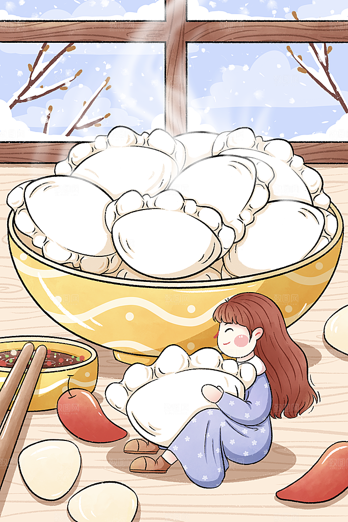 卡通手绘中国传统节日小雪二十四节气插画