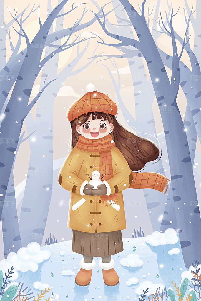 卡通手绘中国传统节日小雪二十四节气插画