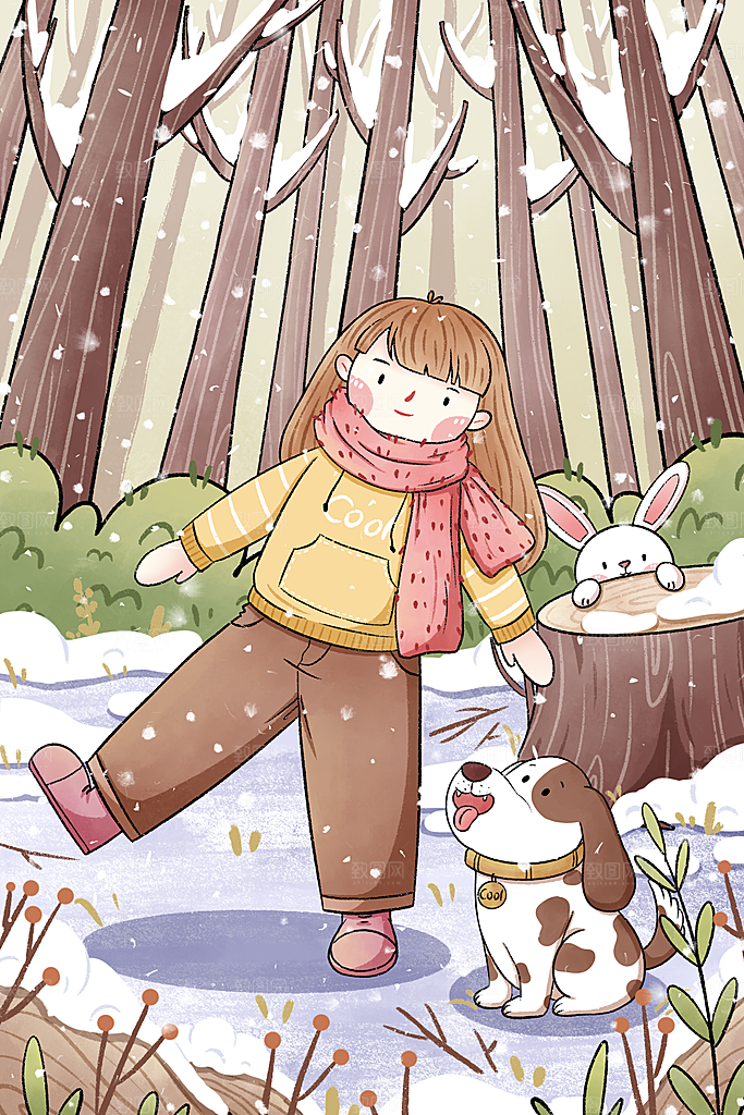 卡通手绘中国传统节日小雪二十四节气插画