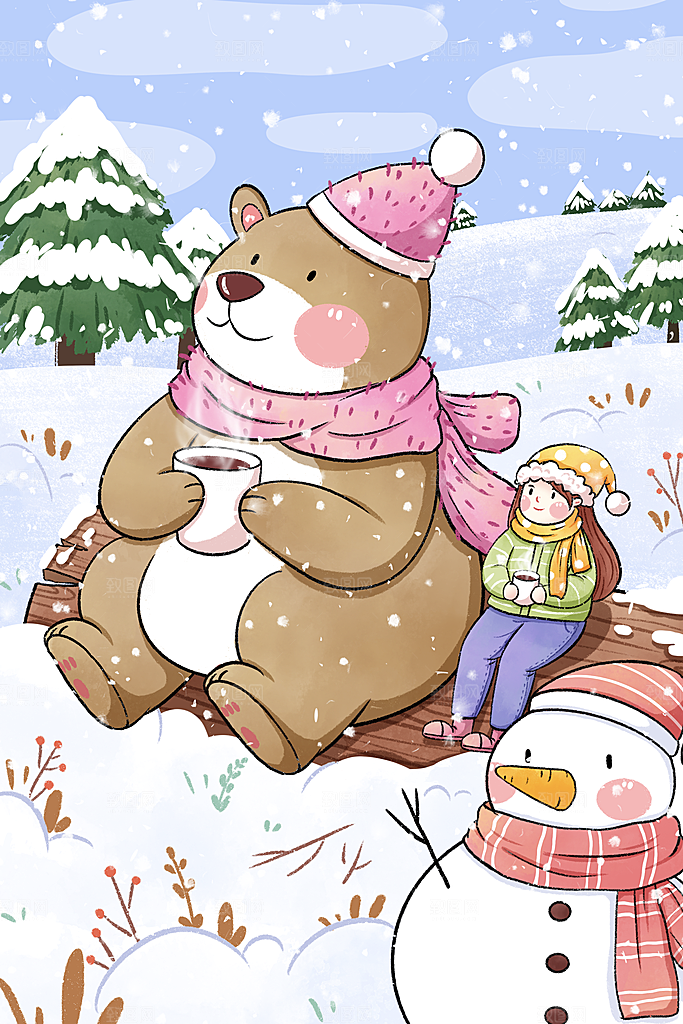 卡通手绘中国传统节日小雪二十四节气插画