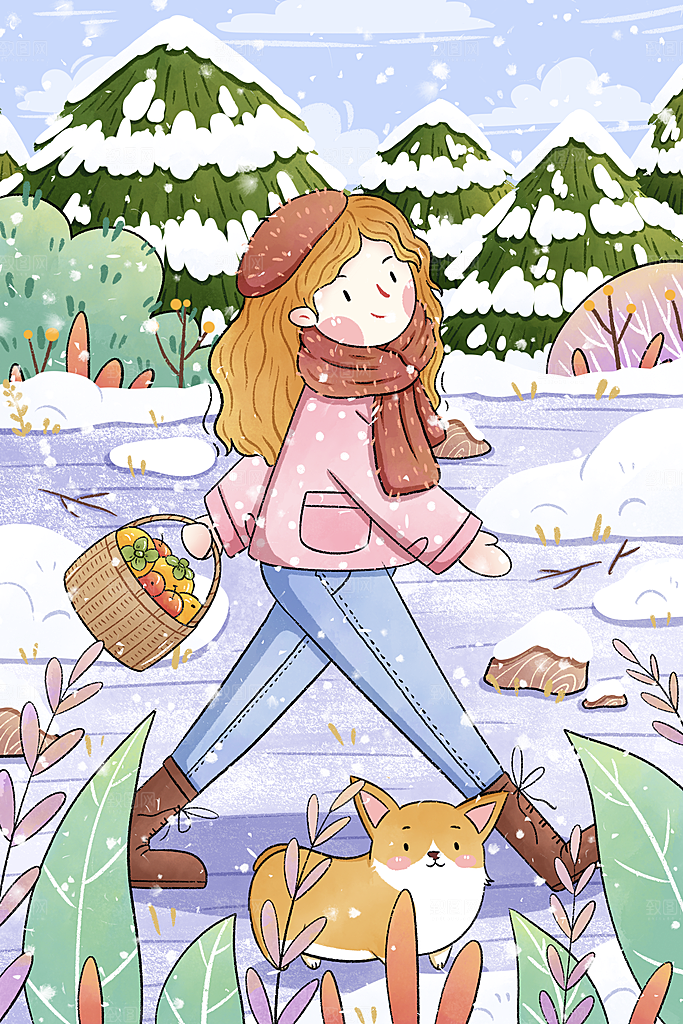 卡通手绘中国传统节日小雪二十四节气插画