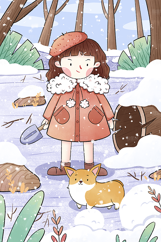卡通手绘中国传统节日小雪二十四节气插画