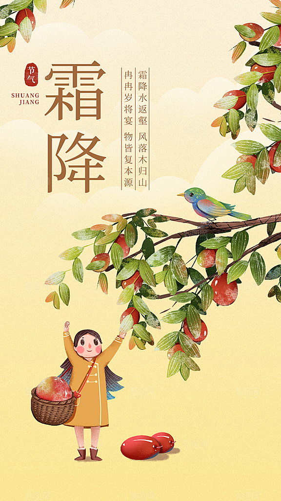 霜降插画传统唯美节气国风宣传海报