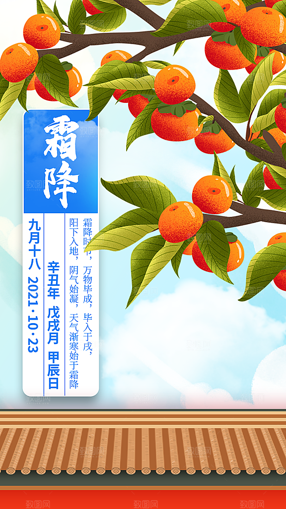 霜降插画传统唯美节气国风宣传海报