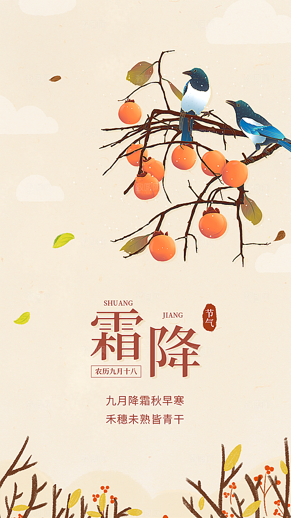 霜降插画传统唯美节气国风宣传海报