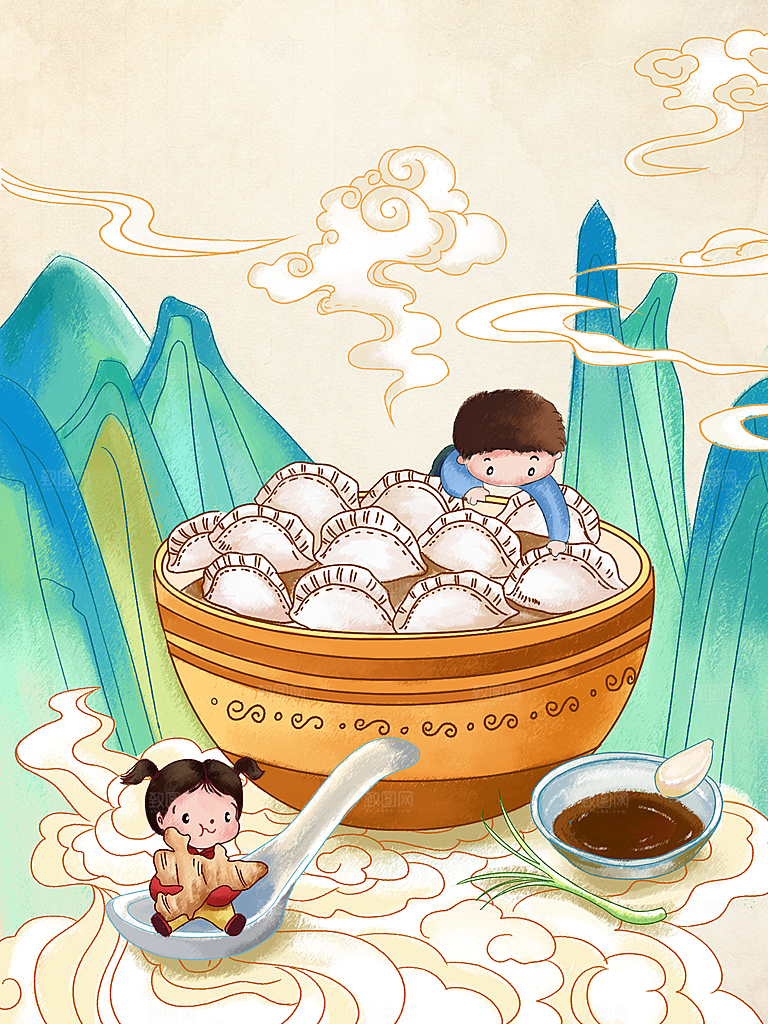 创意卡通中国传统二十四节气冬至插画海报
