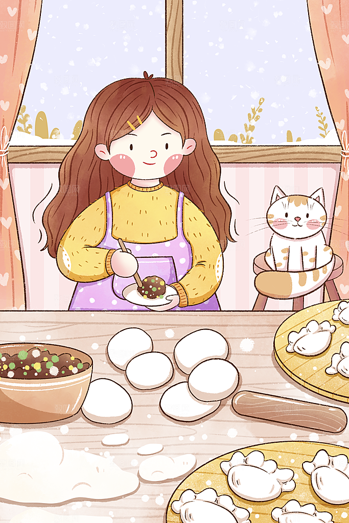 创意卡通中国传统二十四节气冬至插画海报