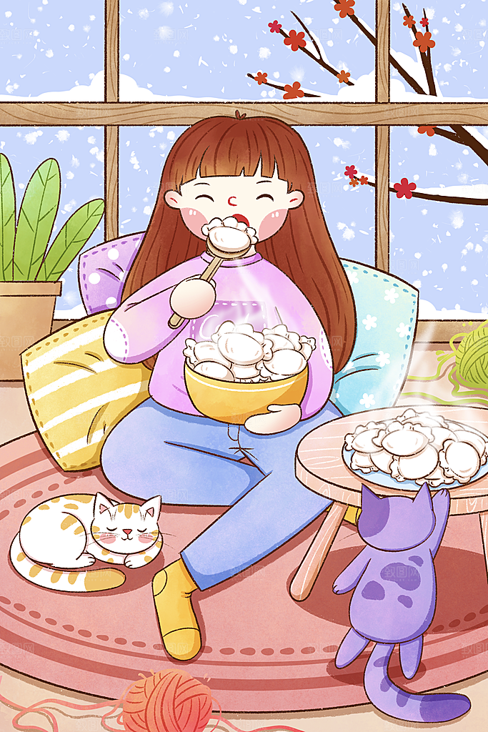 创意卡通中国传统二十四节气冬至插画海报
