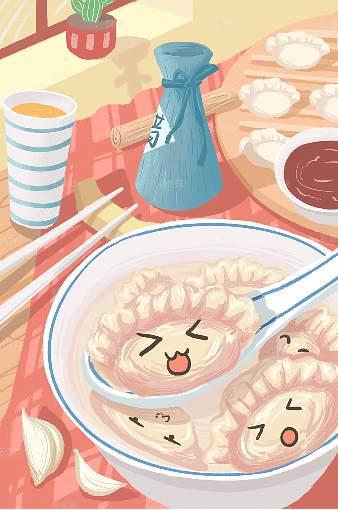 创意卡通中国传统二十四节气冬至插画海报