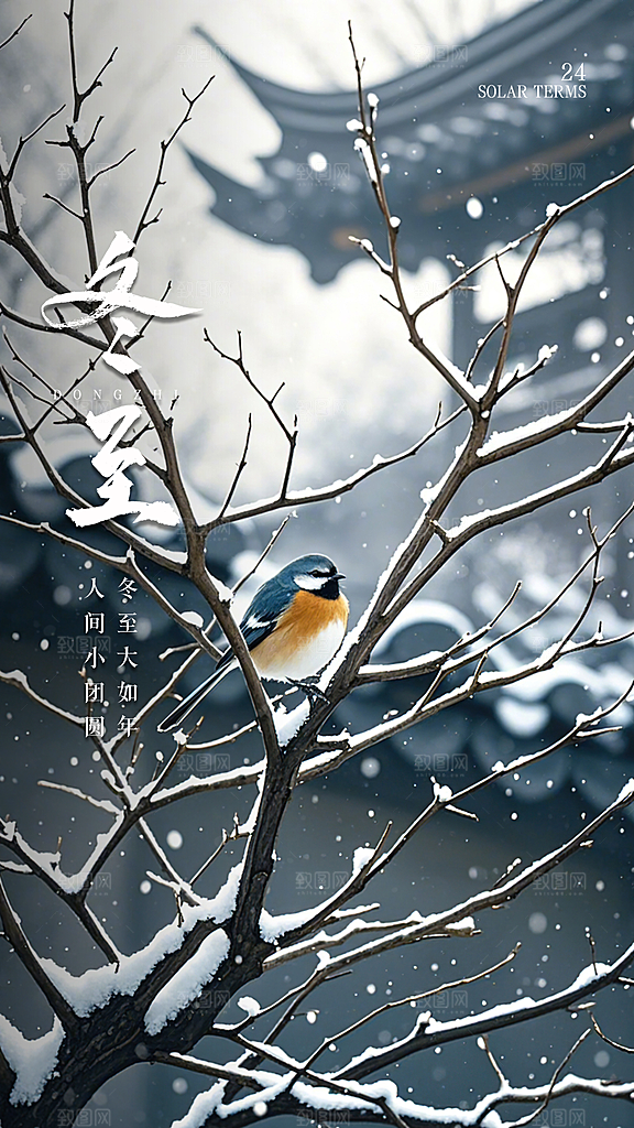 冬至简约节气插画大气唯美节日海报