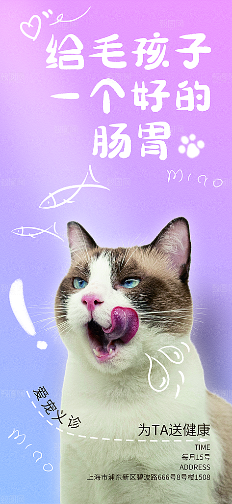 卡通简约手绘线条描边宠物猫插画风宣传海报
