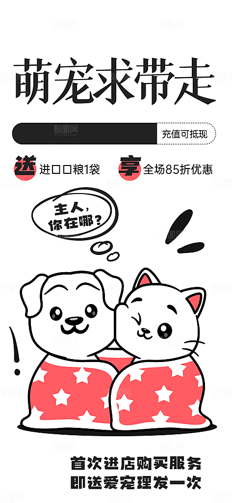 卡通简约手绘线条描边宠物猫插画风宣传海报