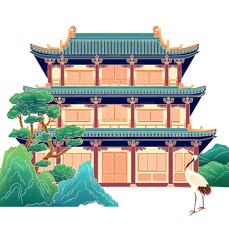 国潮风景名胜建筑场景元素插画模板