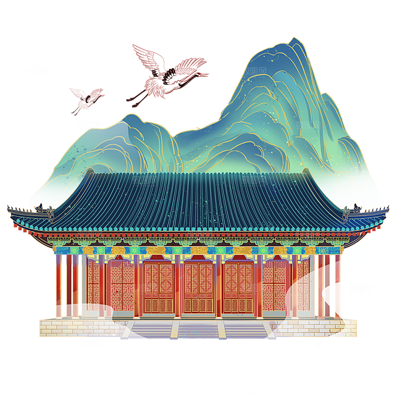 国潮风景名胜建筑场景元素插画模板