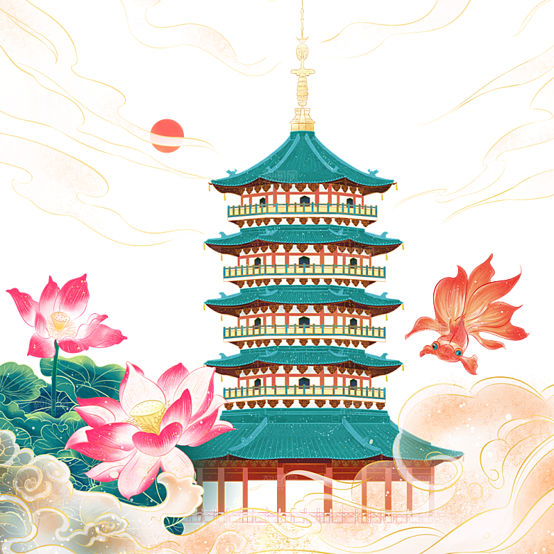 国潮风景名胜建筑场景元素插画模板