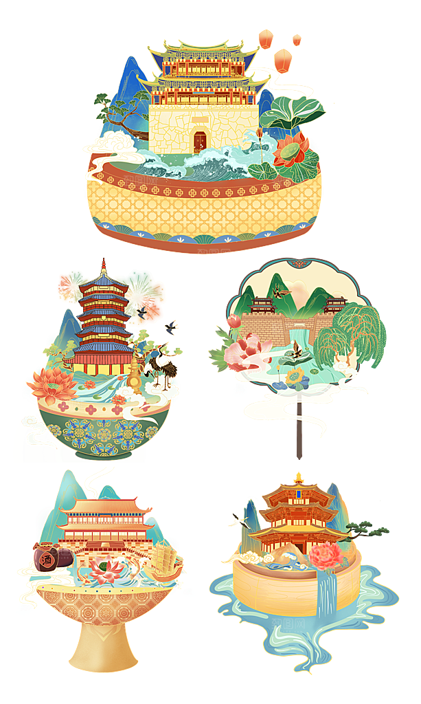 国潮风景名胜建筑场景元素插画模板