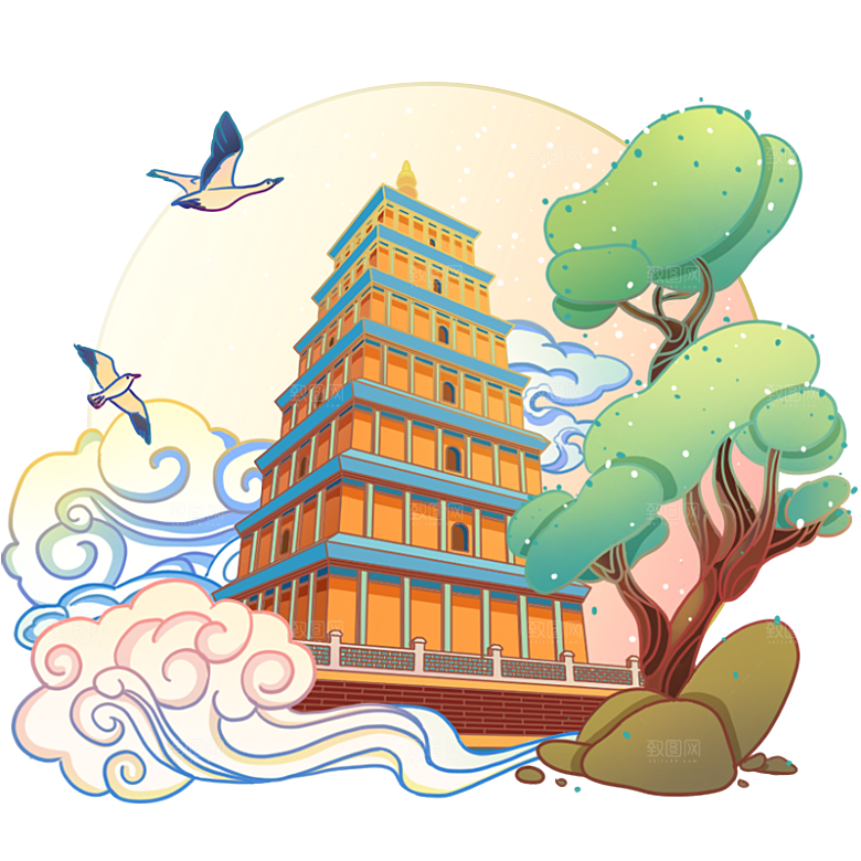 国潮风景名胜建筑场景元素插画模板