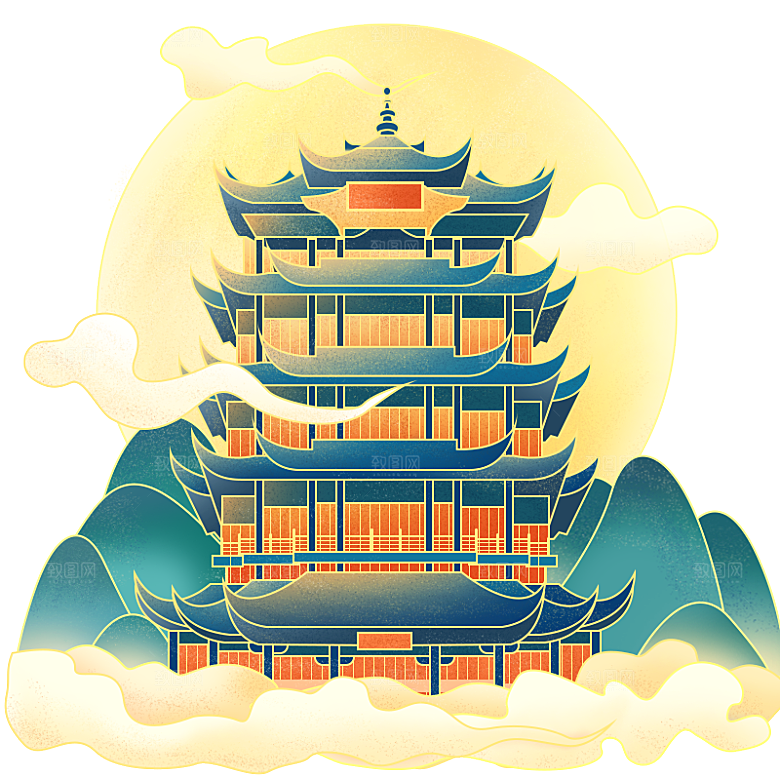 国潮风景名胜建筑场景元素插画模板