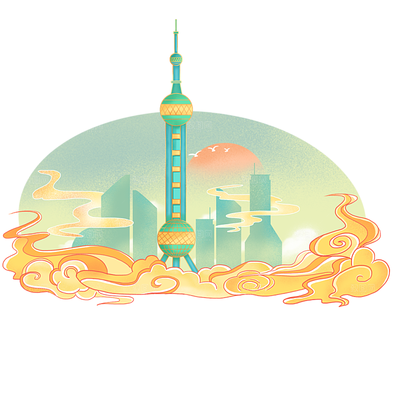 国潮风景名胜建筑场景元素插画模板