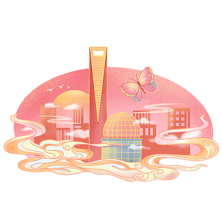 国潮风景名胜建筑场景元素插画模板