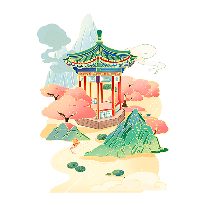 国潮风景名胜建筑场景元素插画模板