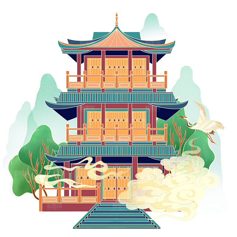 国潮风景名胜建筑场景元素插画模板
