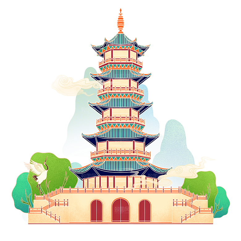 国潮风景名胜建筑场景元素插画模板