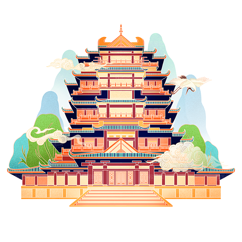 国潮风景名胜建筑场景元素插画模板