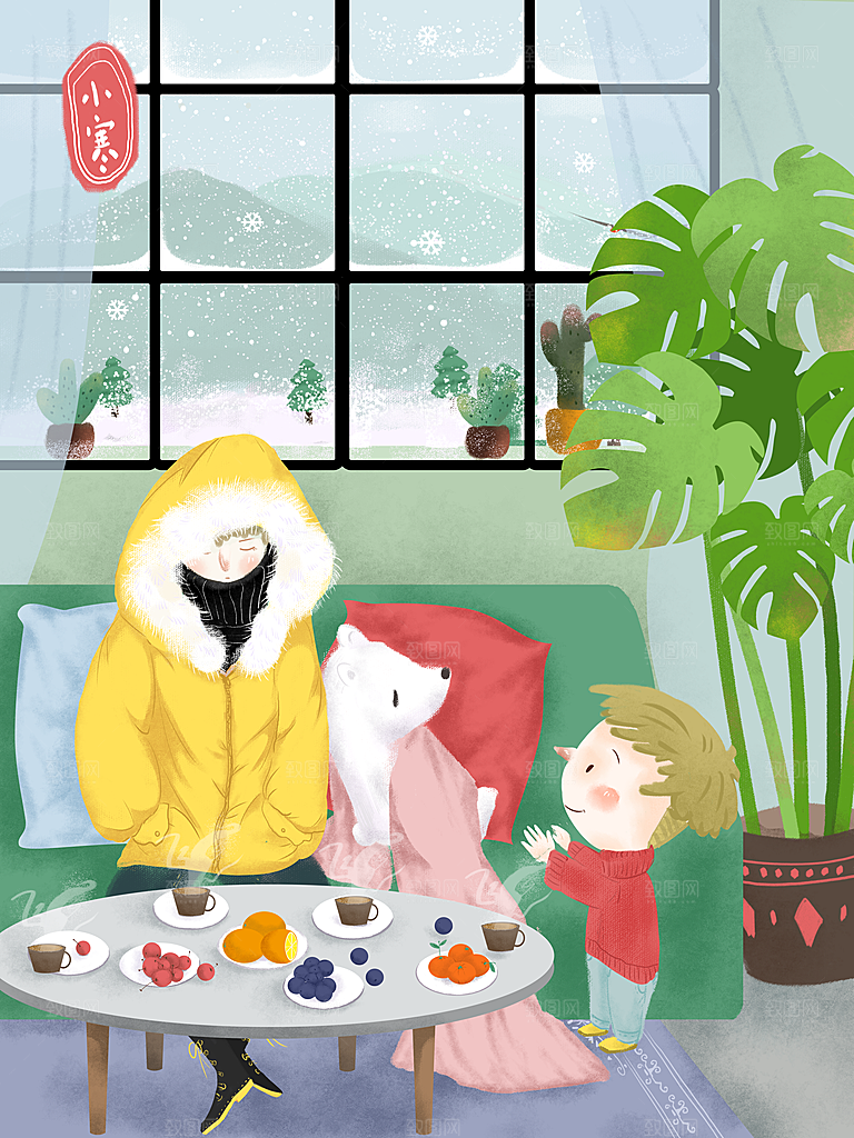 中国传统二十四节气小寒场景人物海报插画