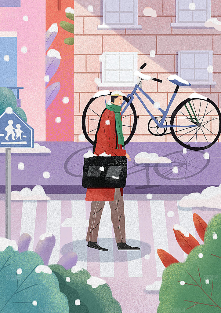 大寒二十四节气冬天大雪雪地场景人物插画