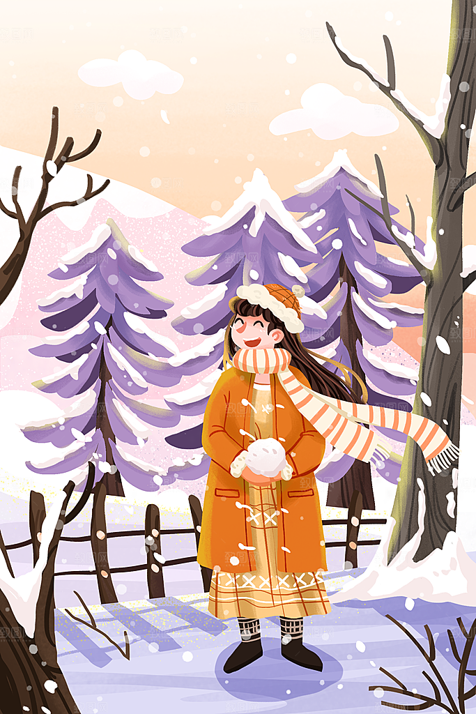 大寒二十四节气冬天大雪雪地场景人物插画