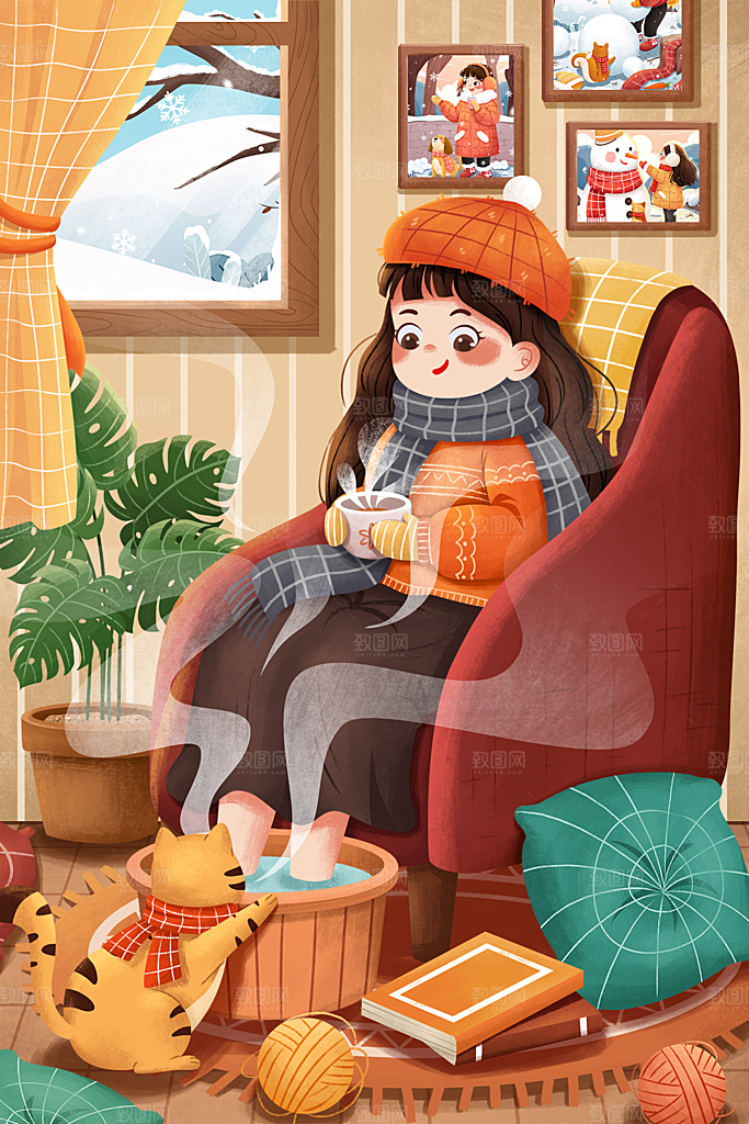 大寒二十四节气冬天大雪雪地场景人物插画