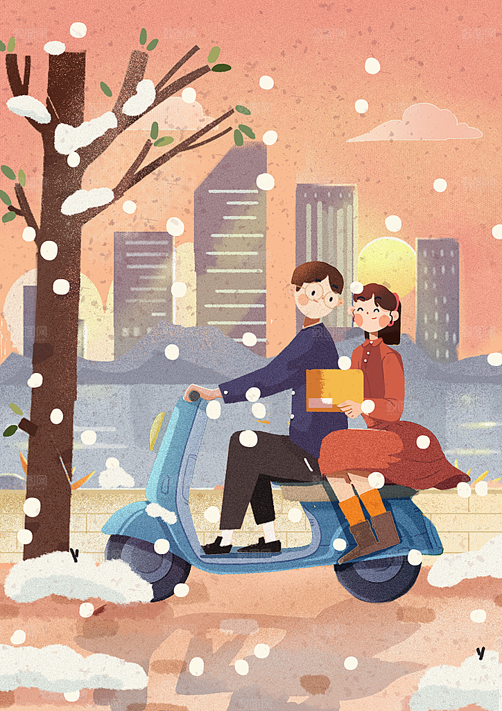 大寒二十四节气冬天大雪雪地场景人物插画