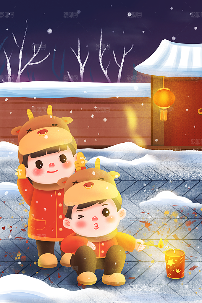 大寒二十四节气冬天大雪雪地场景人物插画