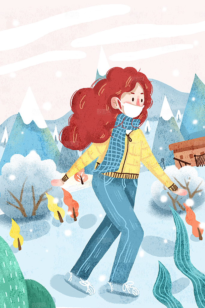 大寒二十四节气冬天大雪雪地场景人物插画