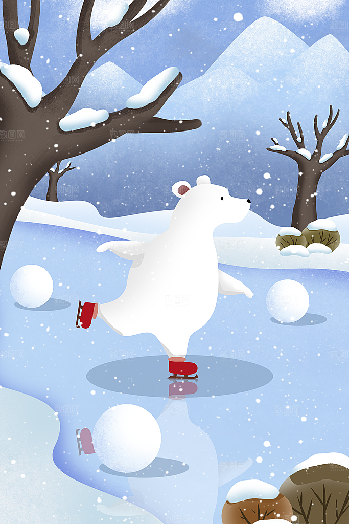 大寒二十四节气冬天大雪雪地场景人物插画