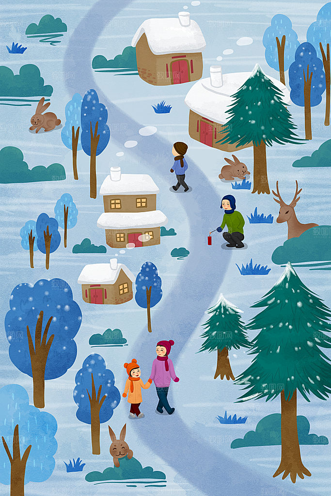 大寒二十四节气冬天大雪雪地场景人物插画
