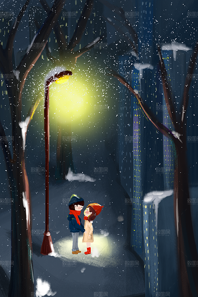 大寒二十四节气冬天大雪雪地场景人物插画