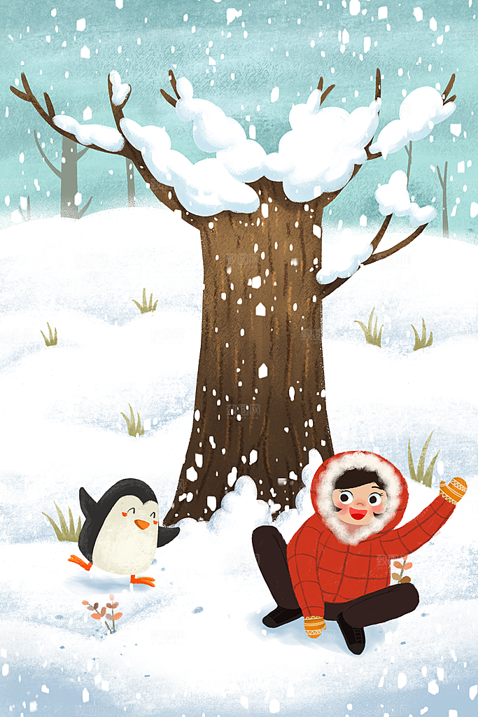 大寒二十四节气冬天大雪雪地场景人物插画