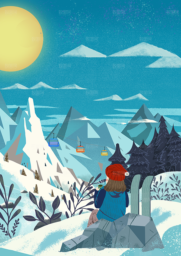 大寒二十四节气冬天大雪雪地场景人物插画