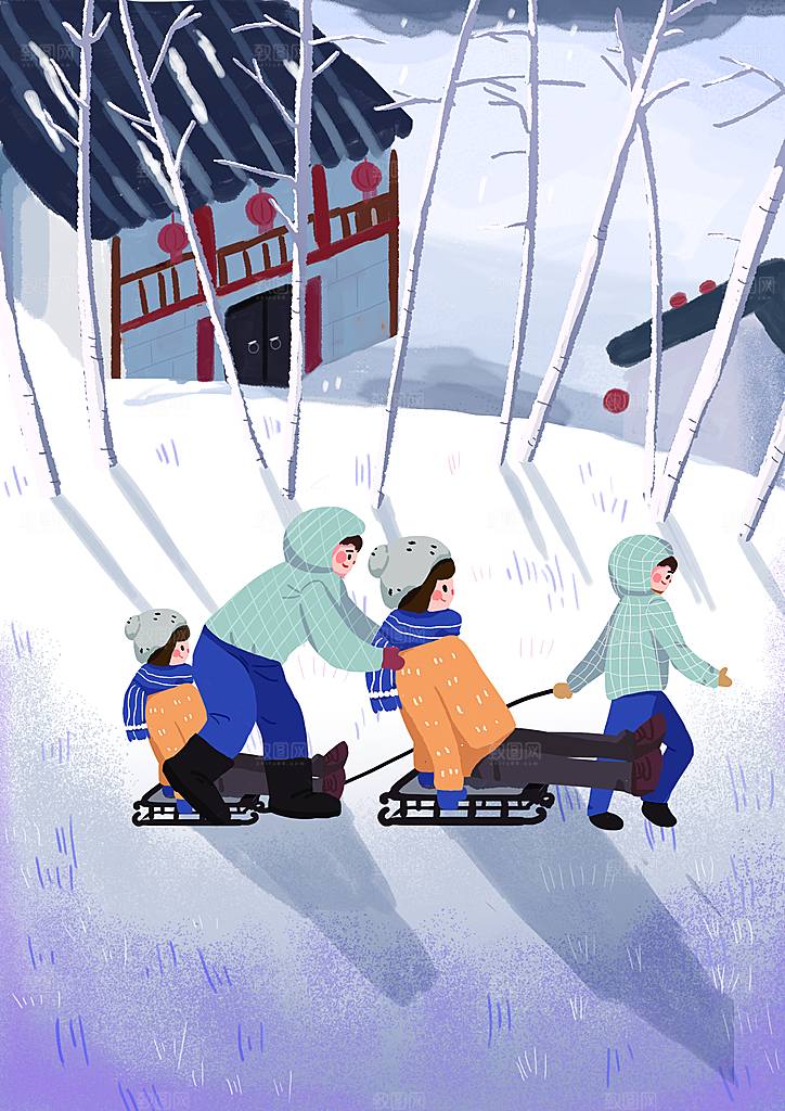 大寒二十四节气冬天大雪雪地场景人物插画