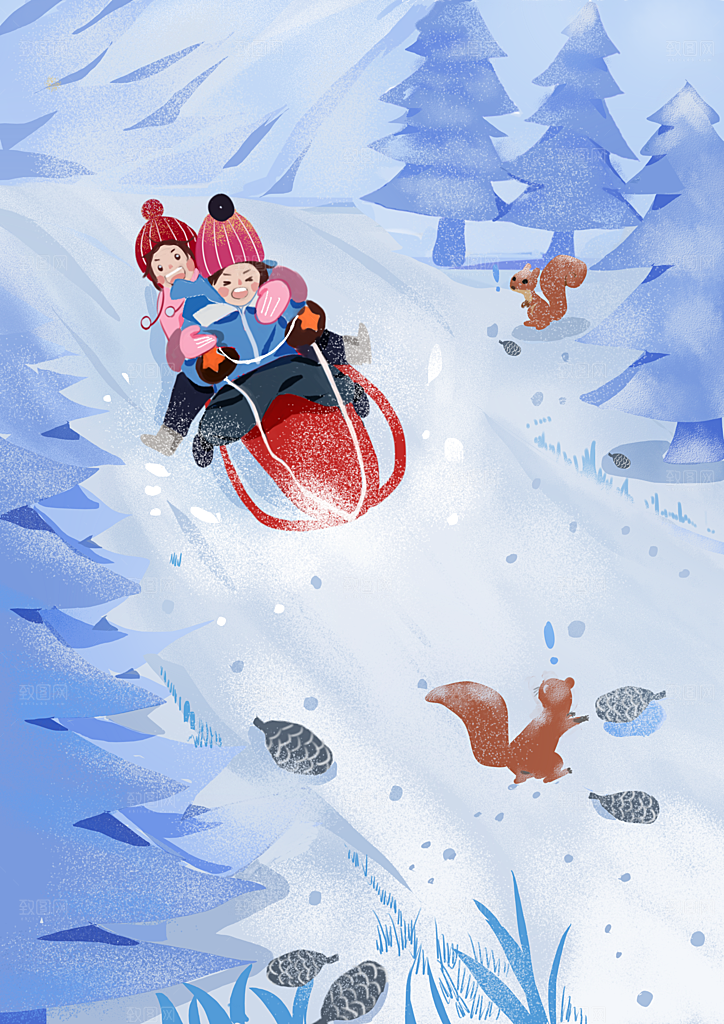 大寒二十四节气冬天大雪雪地场景人物插画