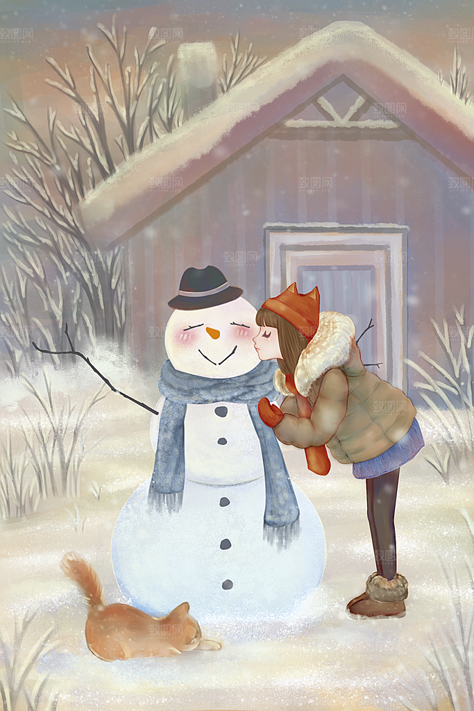大寒二十四节气冬天大雪雪地场景人物插画