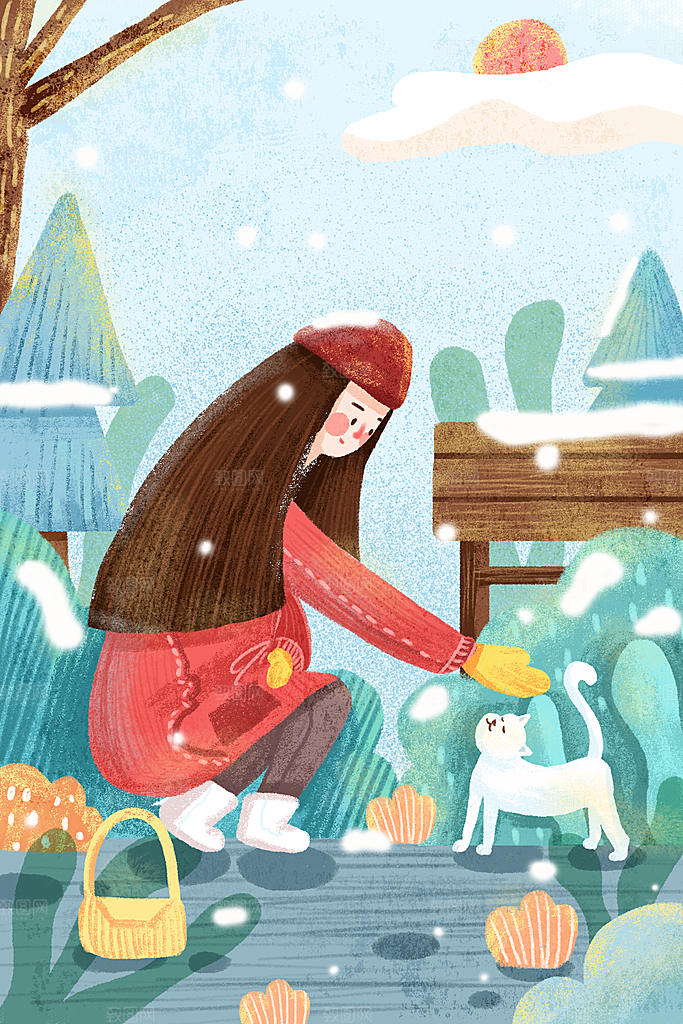 大寒二十四节气冬天大雪雪地场景人物插画