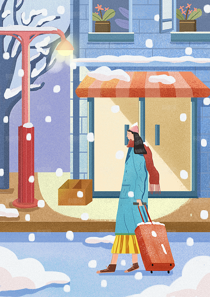 大寒二十四节气冬天大雪雪地场景人物插画