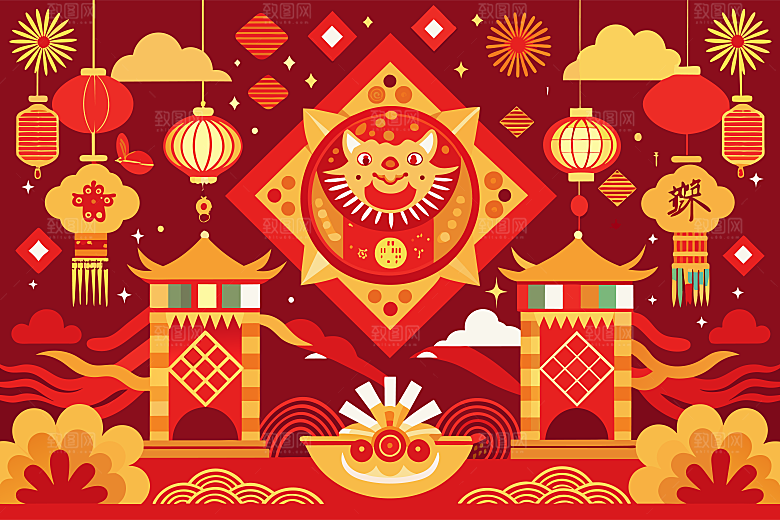 2025蛇年新年春节灯笼红色插画素材