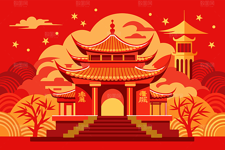 2025蛇年新年春节灯笼红色插画素材