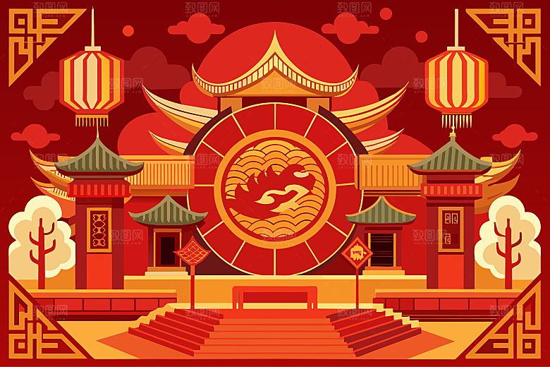 2025蛇年新年春节灯笼红色插画素材