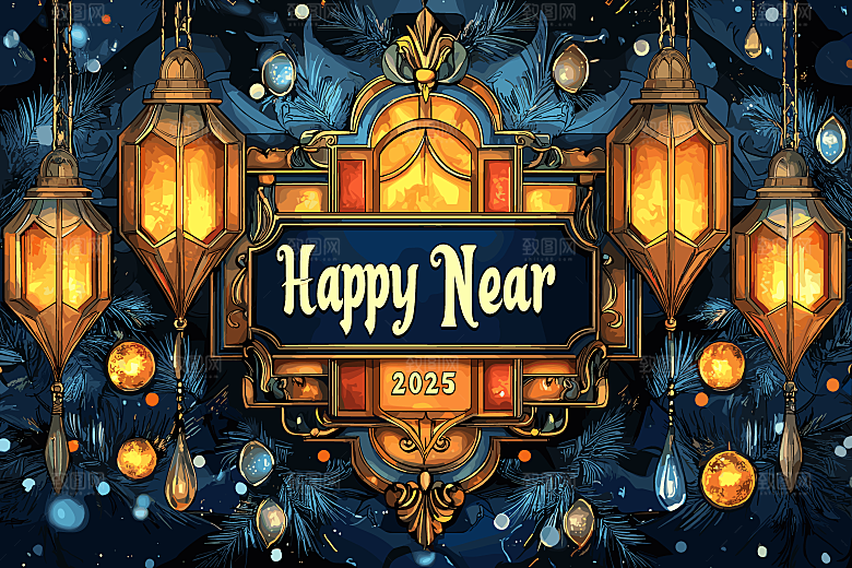 2025蛇年新年春节灯笼花卉花纹插画
