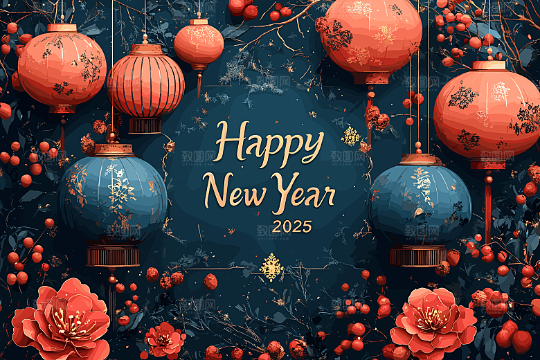 2025蛇年新年春节灯笼花卉花纹插画